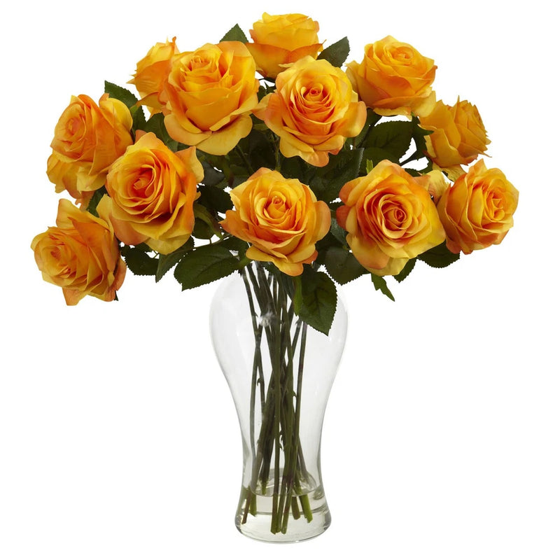 Artificial silk rose flower arrangement with vase, yellow-orange roses and green leaves
