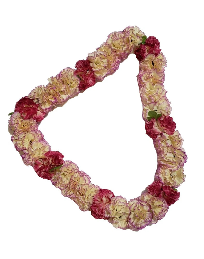 Hawaiian Double Full Pink Cream  Carnation Flower Leaves Laua Party Silk Lei Carnation