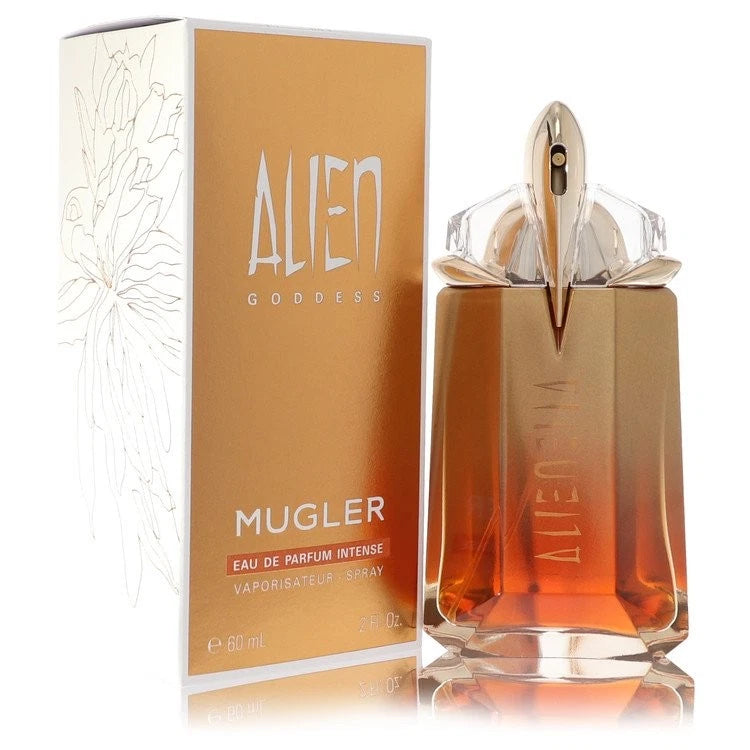 Women's Alien Goddess eau de parfum spray bottle, amber glass with gold cap and box
