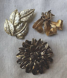 Vintage Gold Tone Brooches Lot 3 Unmarked: Leaves Cluster, Feathers, Sunflower Sunflower
