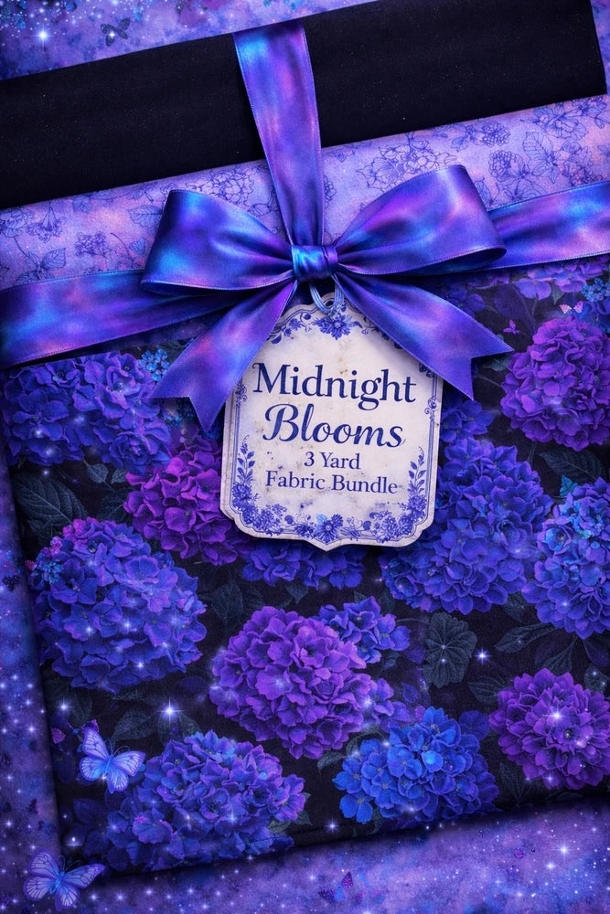 Midnight Blooms 3 Yard Fabric Bundle, Blue Purple Hydrangea Floral Fabric Flowering Plants