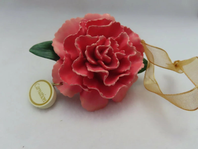 Danbury Mint delicate carnation ornament with red flower, green leaves, hanging ribbon