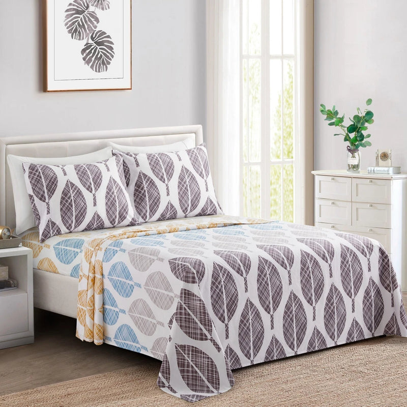 Leaf-pattern printed sheet set, white with gray and light-blue accents