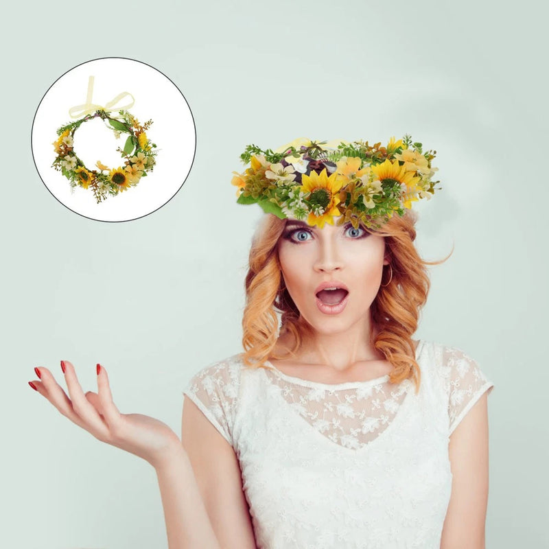 Floral sunflower headband with green leaves, wreath-style crown for girls