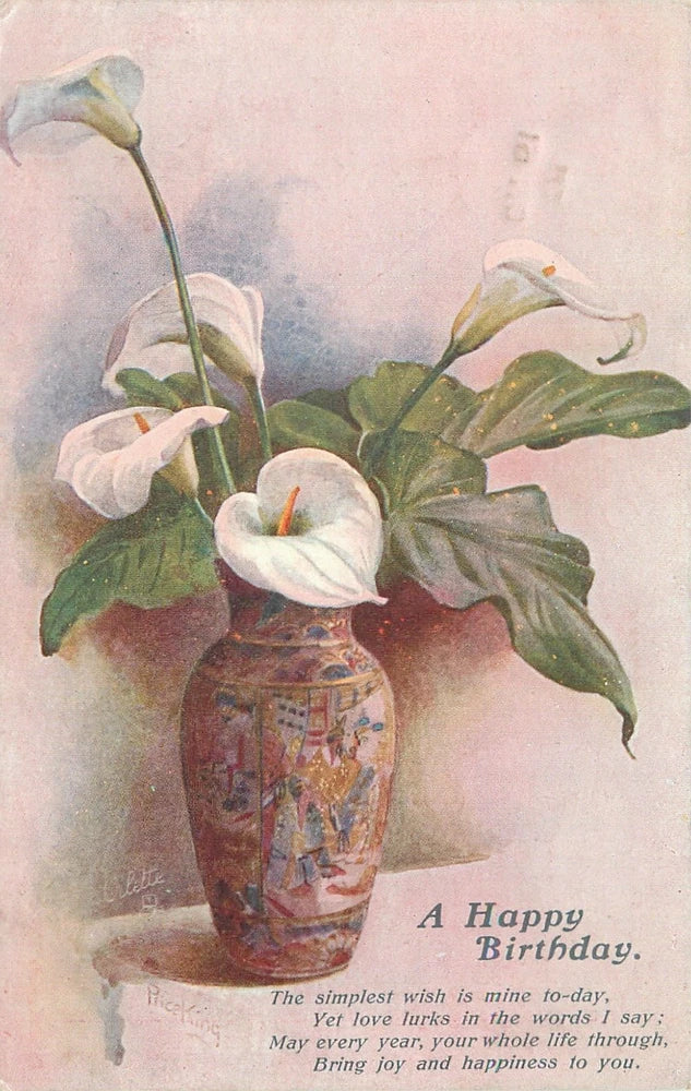 Decorative vase with white lilies floral study, birthday card artwork
