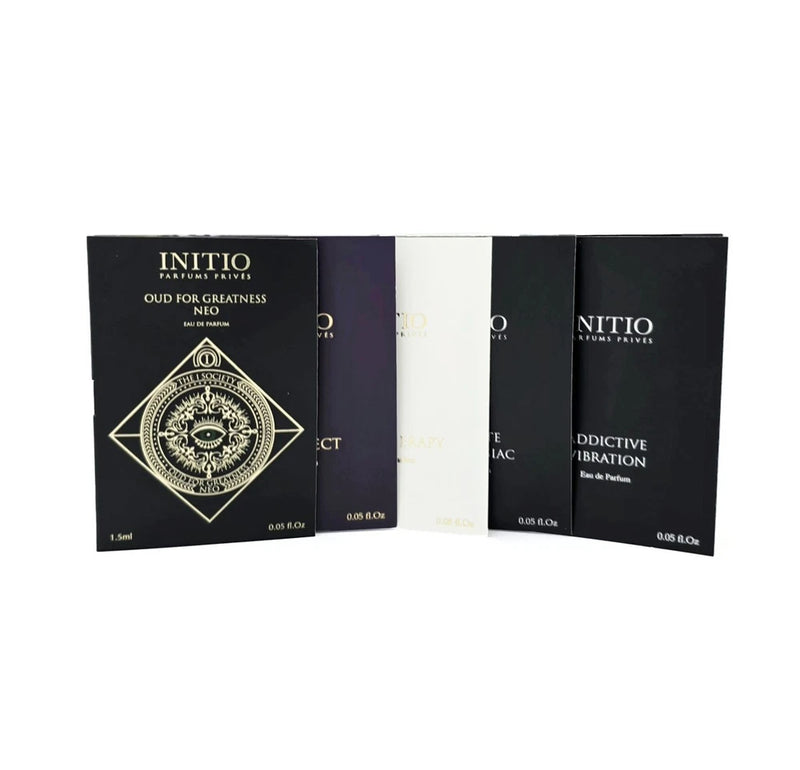 Initio 1.5 mL fragrance sample card set in multiple box designs