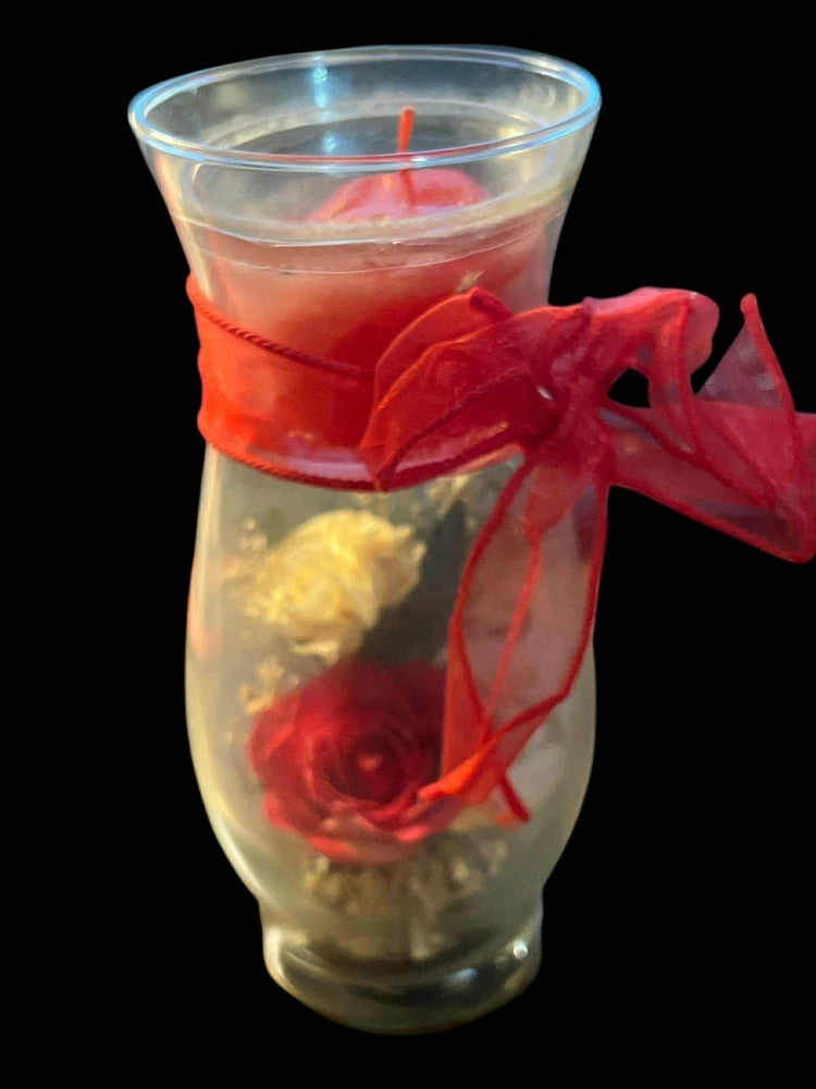 Glass vase with red freeze-dried flowers and ribbon, tall
