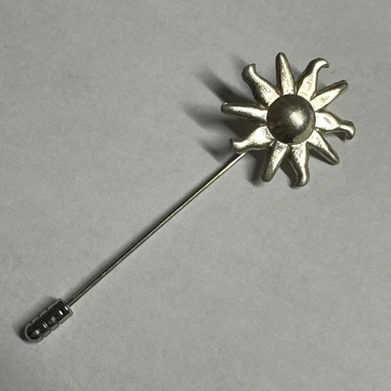 Sterling silver sunflower lapel pin with long straight pin and raised petals