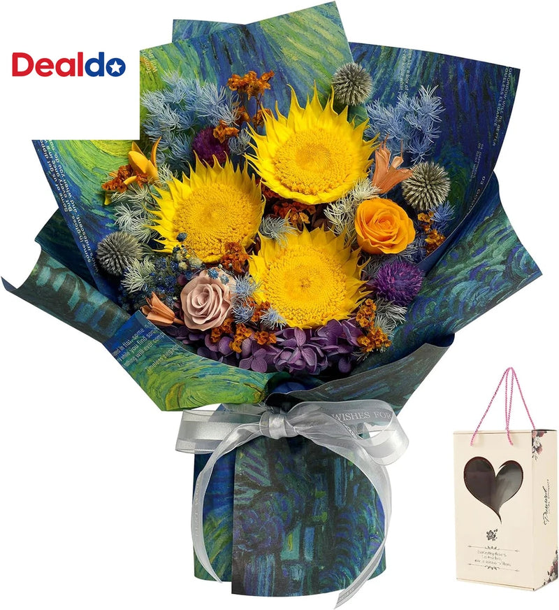 Preserved flower bouquet with yellow sunflowers, roses, and blue-green wrap with ribbon