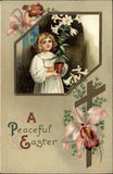 Easter Little Girl With Lilies Flower Border Embossed c1910 Vintage Postcard Lily
