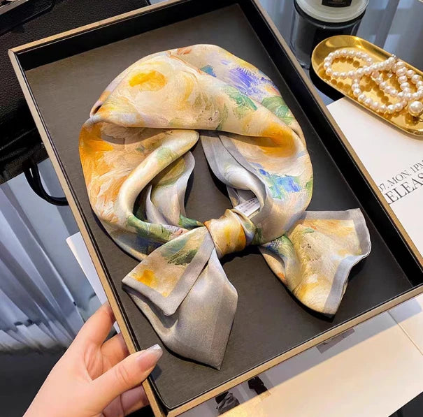 Yellow floral print silk neckerchief scarf, folded knot shape