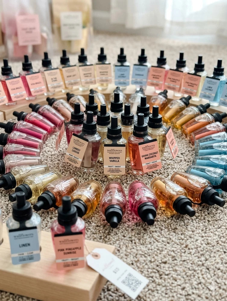 Assorted home fragrance refill bulbs with black caps on display