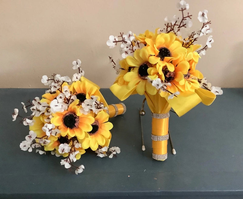 Set of 2 sunflower and baby breath wedding bouquets Bouquet