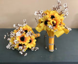 Set of 2 sunflower and baby breath wedding bouquets Bouquet