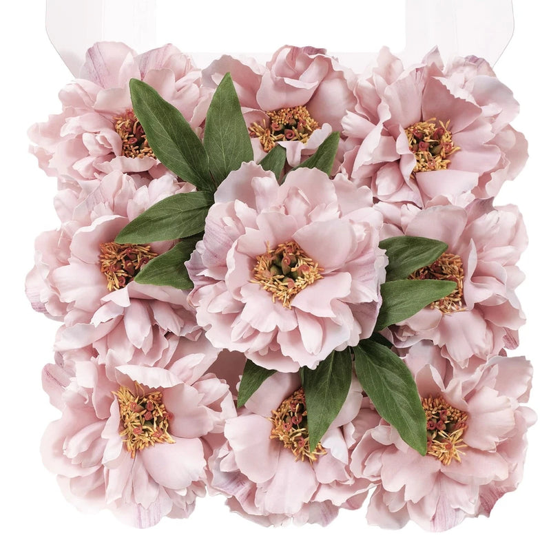 Set of 9 pink silk peony faux flowers with green leaves and gold centers