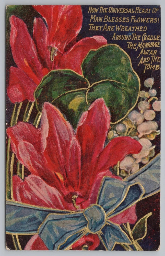 Greetings~Flower Bouquet with Blue Ribbon~Lily of the Valley~Vintage Postcard Lily