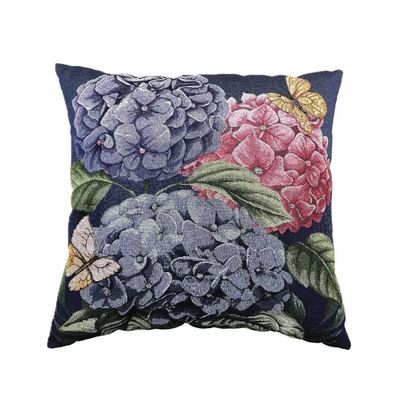 Navy indoor throw pillow with embroidered hydrangea flowers, leaves, and a butterfly