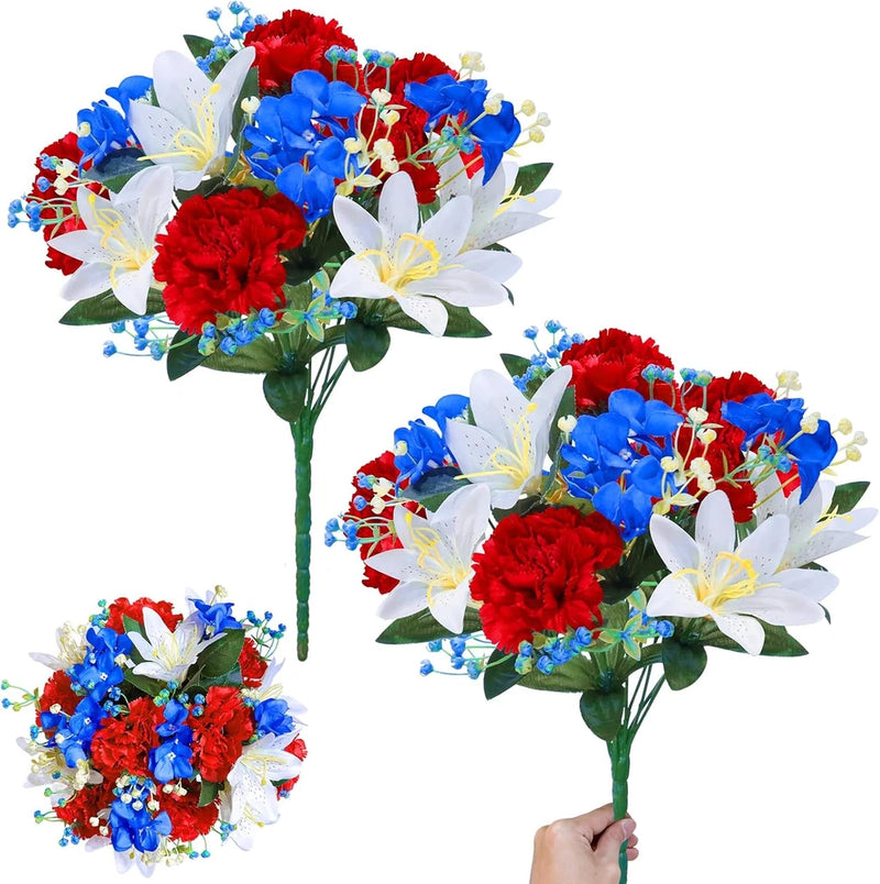 22 Heads Patriotic Memorial Bouquets, 2 Bunches 16 Inch Red White and Blue Artif Hydrangea