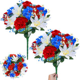 22 Heads Patriotic Memorial Bouquets, 2 Bunches 16 Inch Red White and Blue Artif Hydrangea
