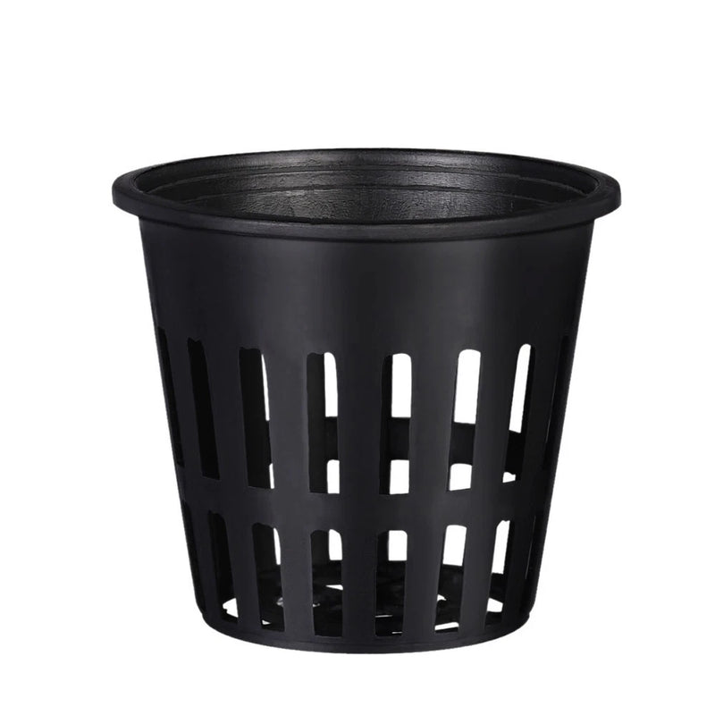 Black plastic nursery net pot with slotted sides and open top for hydroponics