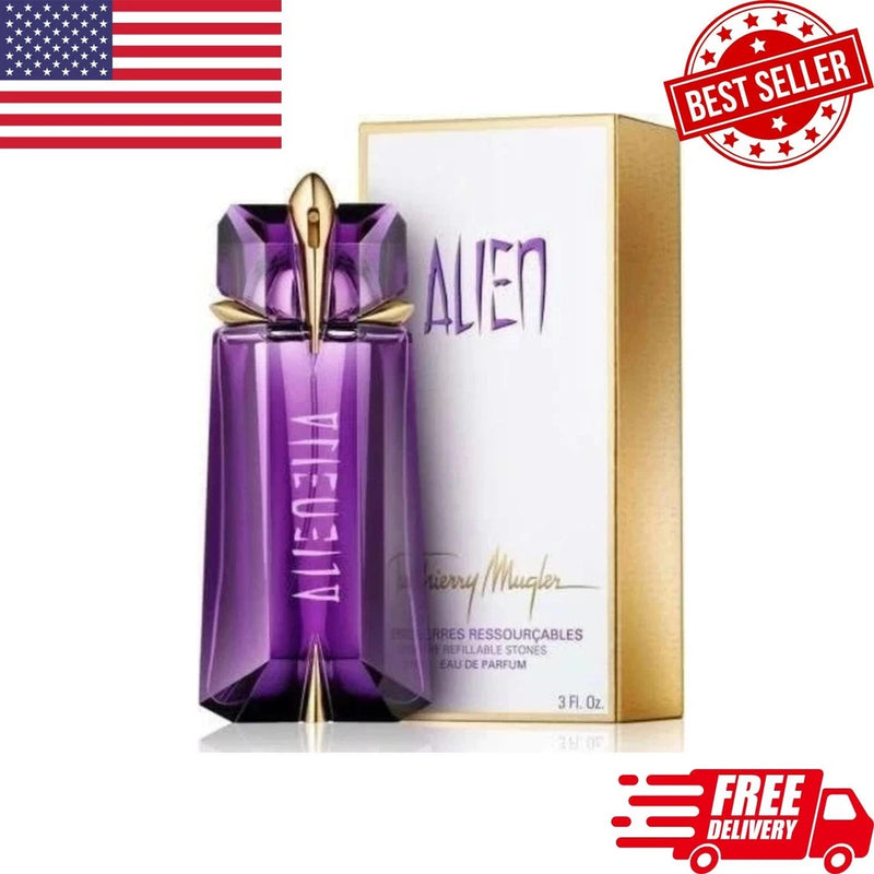 Alien Thierry Mugler women's Eau de Parfum spray with purple glass bottle and box