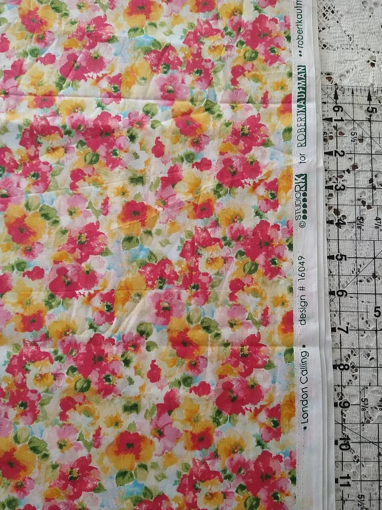 Robert Kaufman London Calling 16049 Pink Yellow Floral Cotton Lawn Fabric 16x44" Flowering Plants