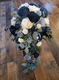 Navy Dusty Blue Bridal Bouquet Sola Wood Cascade Artificial Wedding Flowers Bouquet