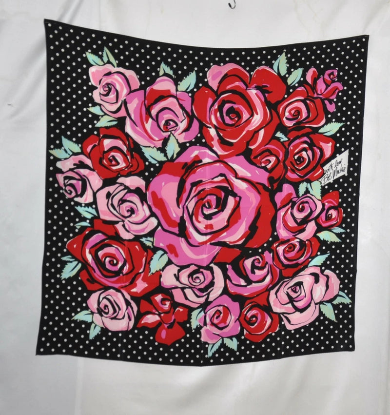 Silk scarf with red and pink roses and white polka dots on dark background