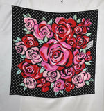 Bob Mackie Wearable Art Silk Roses W Polka Dots Scarf With Gift Box--Red Multi Roses
