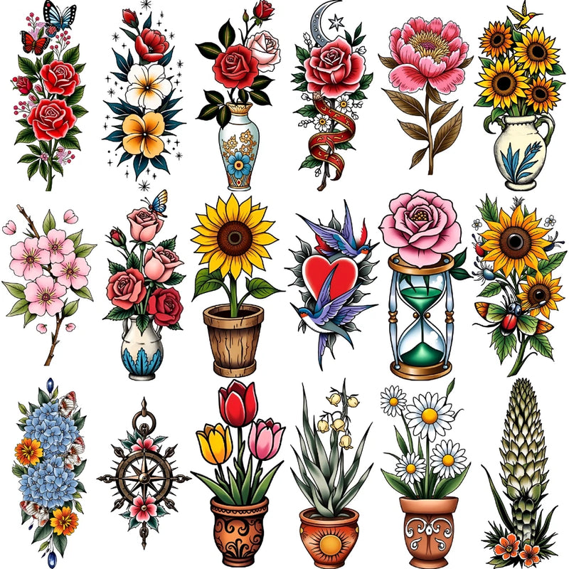 28pcs Temporary Tattoo New School Traditional Potted Flowers Sunflower Bouquet Sunflower