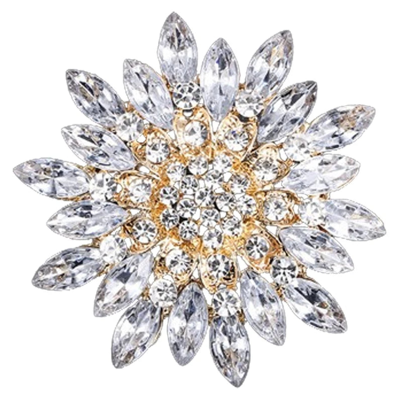 Sunflower rhinestone brooch pin with clear crystal petals and golden center