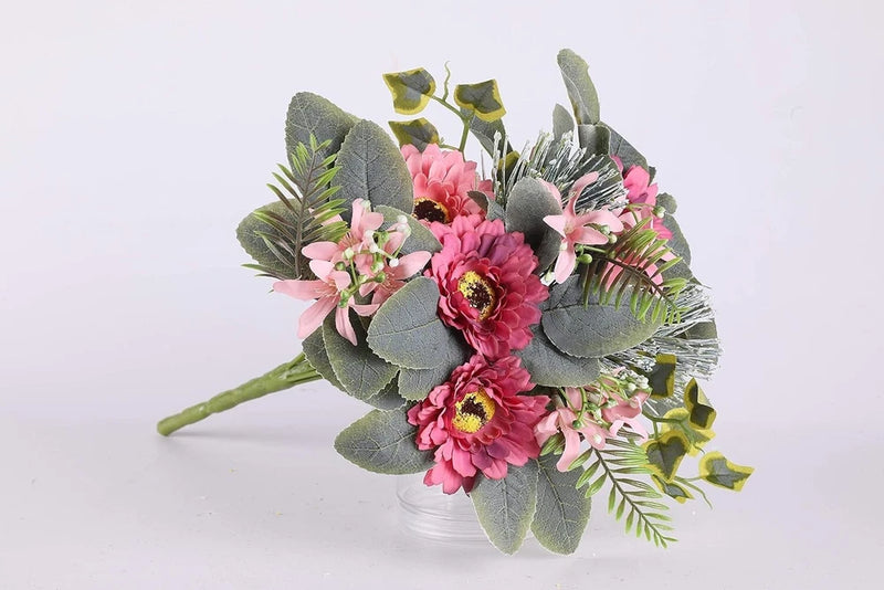 Artificial silk floral spray with pink/red blossoms, yellow accents, and gray-green leaves