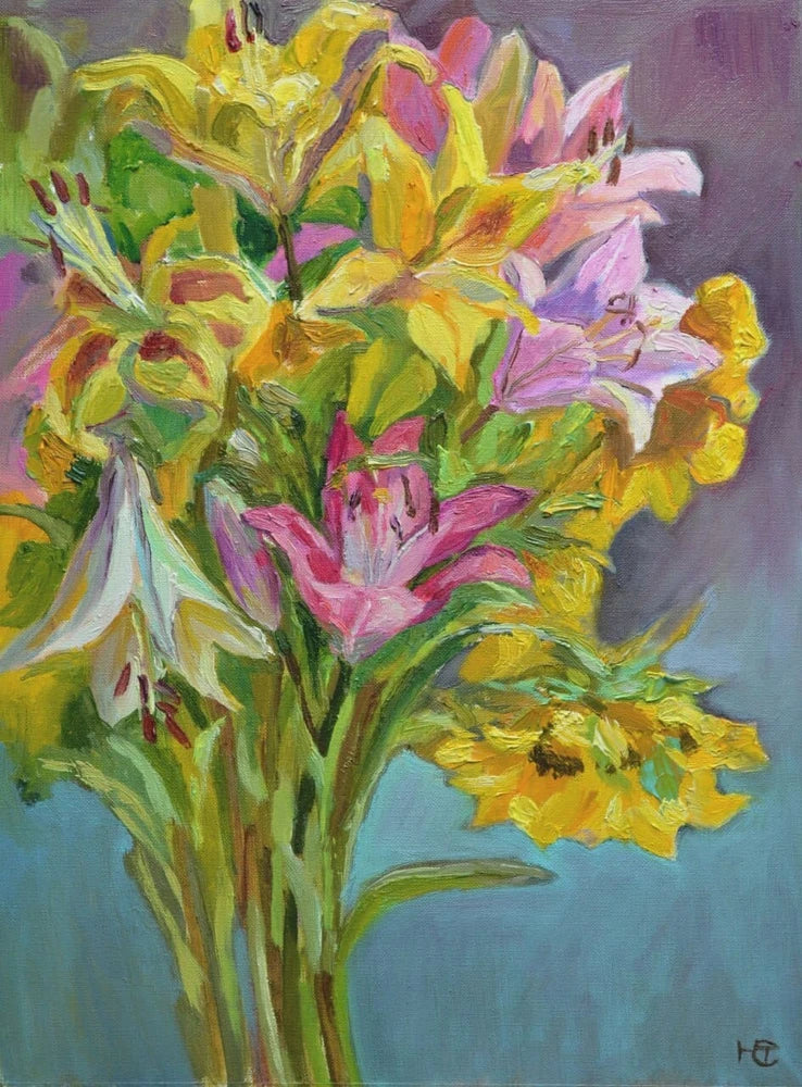 Sunflowers and Daisies Bouquet Original Oil Painting on Cardboard Signed Ukraine Sunflower