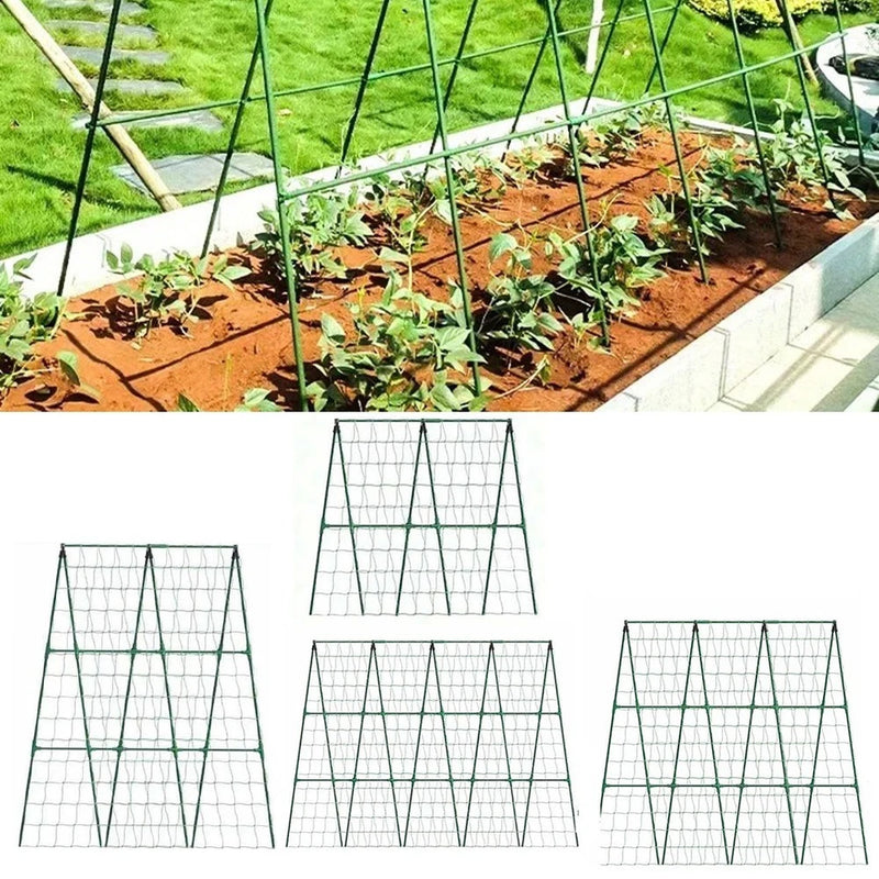 Green metal A-frame trellis for climbing plants, square grid pattern