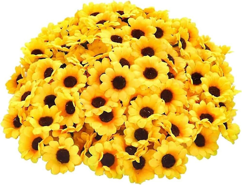 Mini artificial sunflower heads, yellow petals with dark brown centers