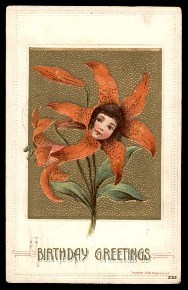 Birthday greetings postcard with orange lily face and 'BIRTHDAY GREETINGS' text