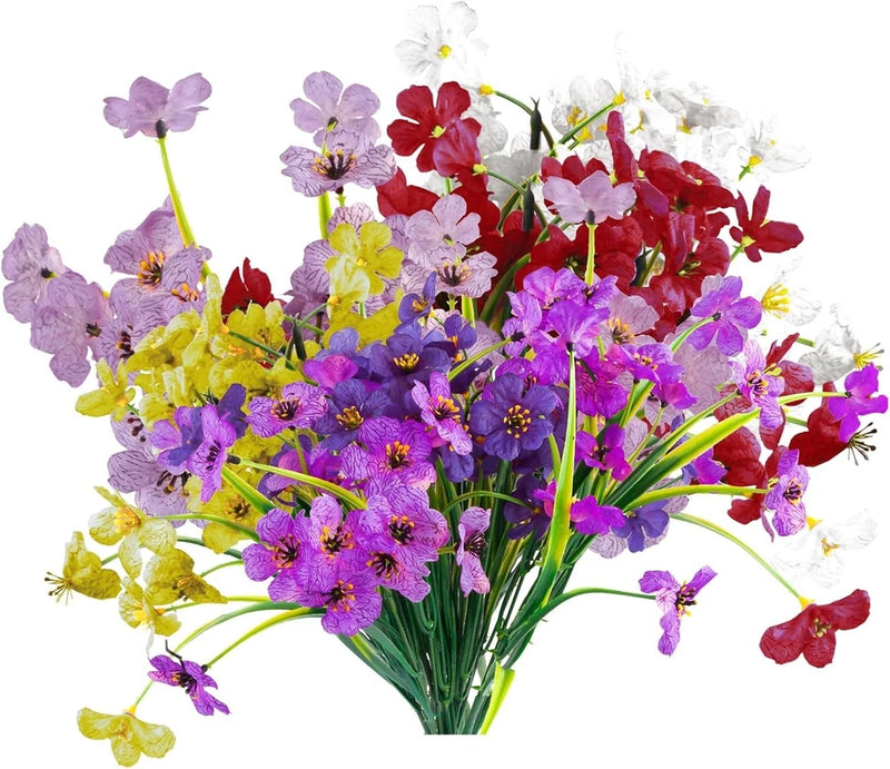 Artificial faux flower bouquet with purple, red, and yellow blooms and green stems