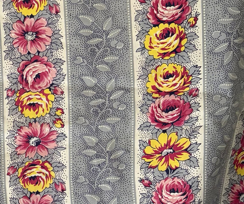 Floral cotton fabric with pink, yellow, and gray rose stripes and picot edging