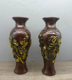 Old Chinese Copper gilding Peony Flower Vase Pair Hand-Carved Relief Home Decor Peony
