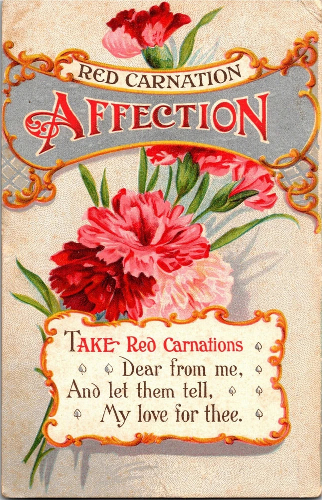 Vintage postcard with red carnation bouquet and 'AFFECTION' lettering, poem at bottom