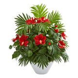 Nearly Natural Hibiscus and Areca Palm Artificial Plant in White Bowl in Red Green Plant