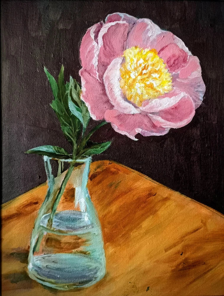 Pink peony flower in a glass vase oil canvas painting