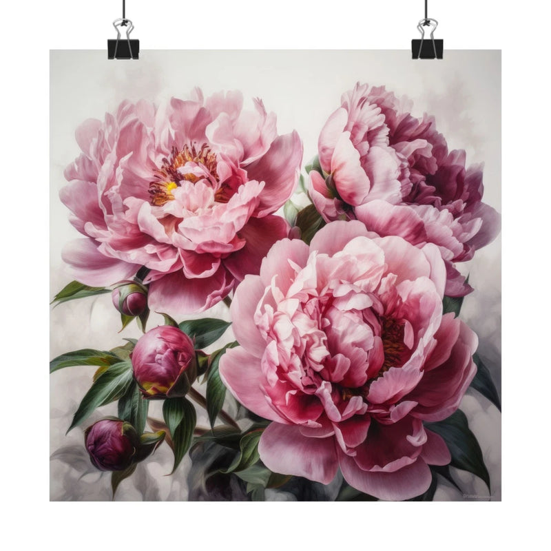 Pink peony flower art print with multiple pink blossoms and green leaves