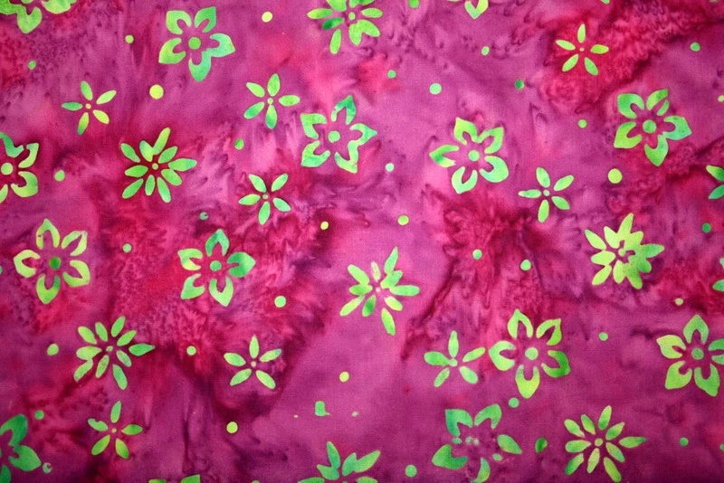 GREEN FLOWERS ON MAGENTA BATIK  - 100% COTTON FABRIC Flowering Plants