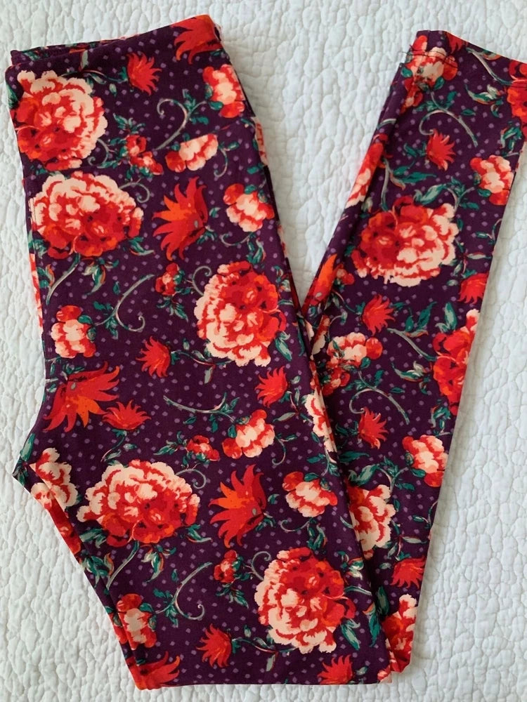 LuLaRoe Leggings OS Red Pink Cream Flowers Carnations Polka Dots On Purple Carnation