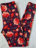 LuLaRoe Leggings OS Red Pink Cream Flowers Carnations Polka Dots On Purple Carnation