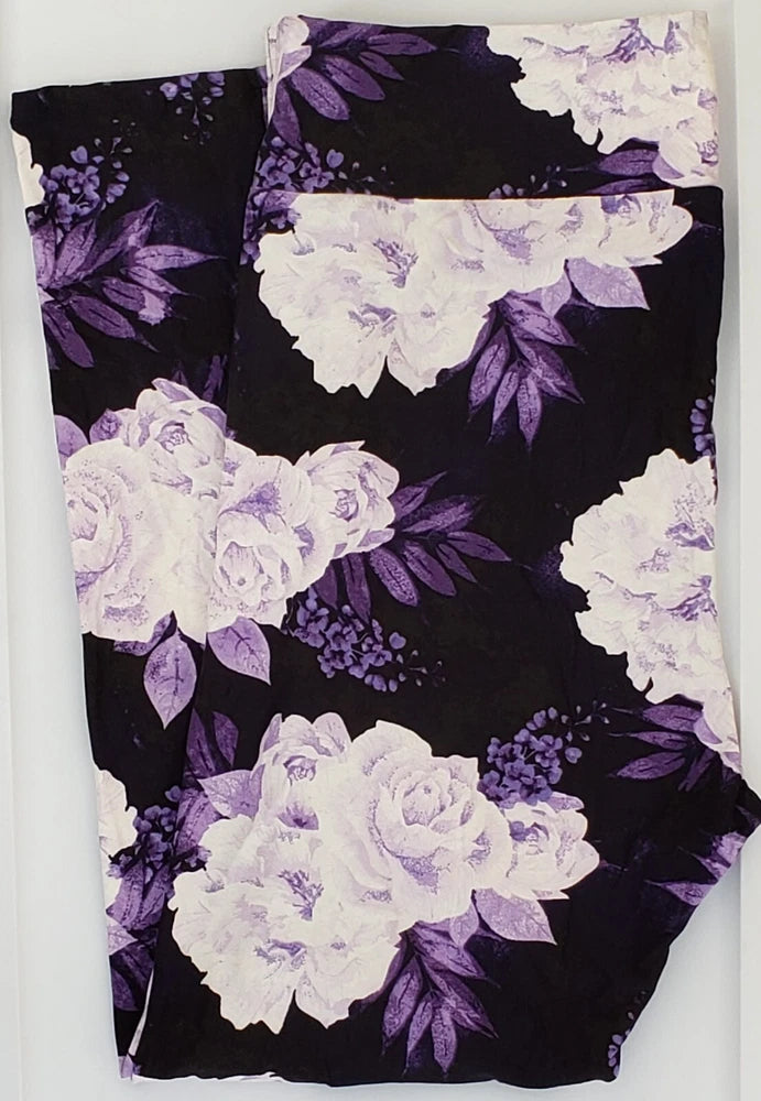 TC2 LuLaRoe Tall & Curvy2 Leggings Beautiful White Purple Roses on Black NWT N99 Roses