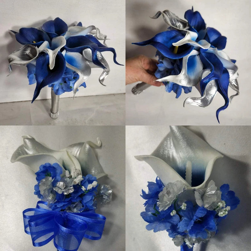 Royal Blue Silver Calla Lily Bridal Wedding Bouquet Accessories Bouquet