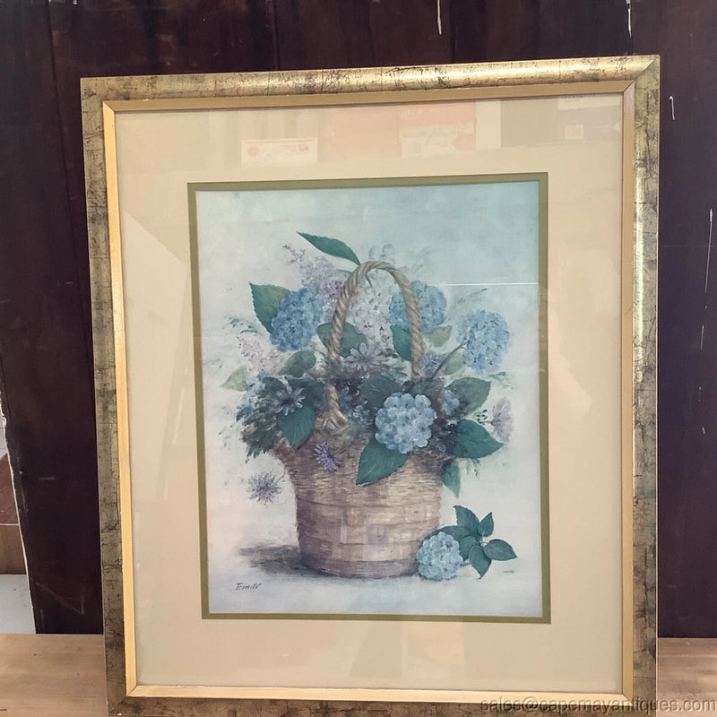 Vintage Framed Print Basket of Hydrangeas French Artist Trinite Blue Flowers Hydrangea