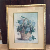 Vintage Framed Print Basket of Hydrangeas French Artist Trinite Blue Flowers Hydrangea